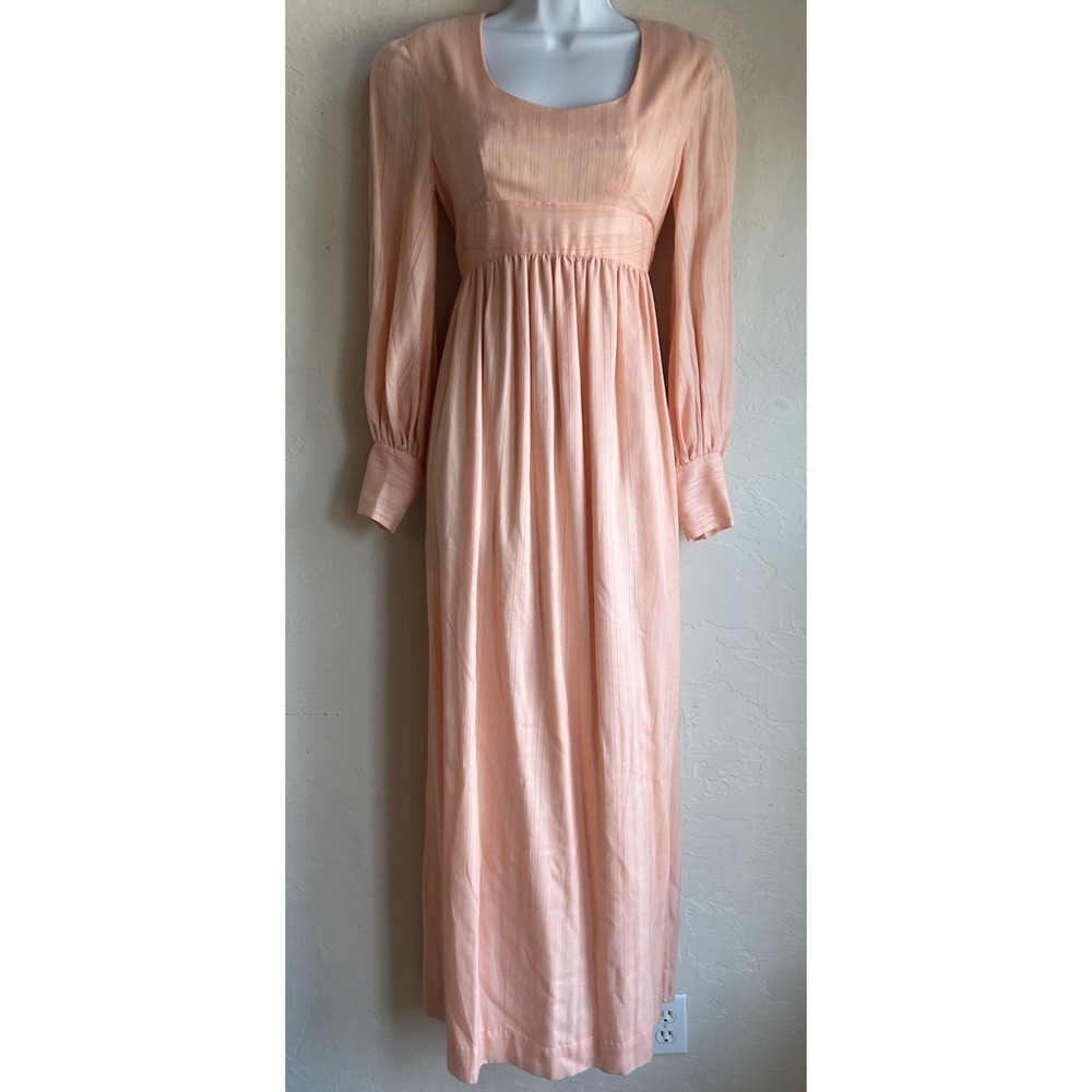 Vintage Handmade 60s 70s Prairie Maxi Dress S Peach Empire Regency Romantic